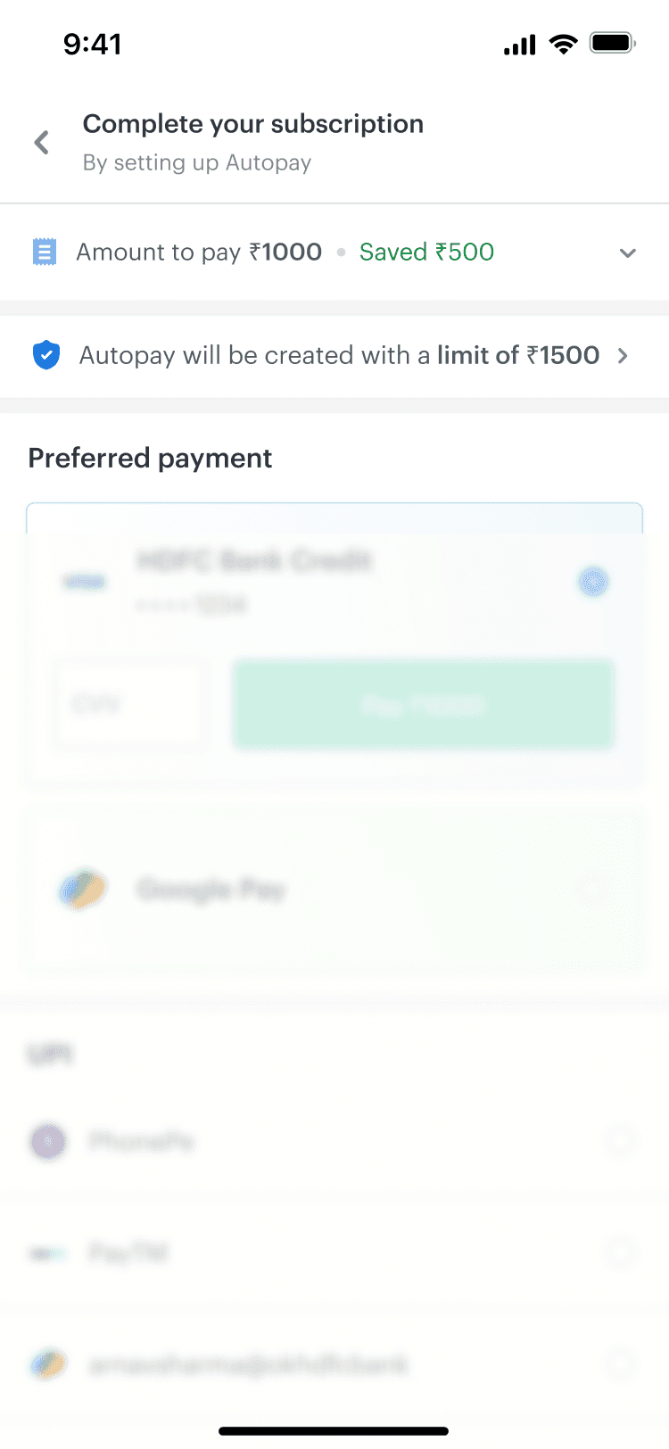 Information bar below the payment summary