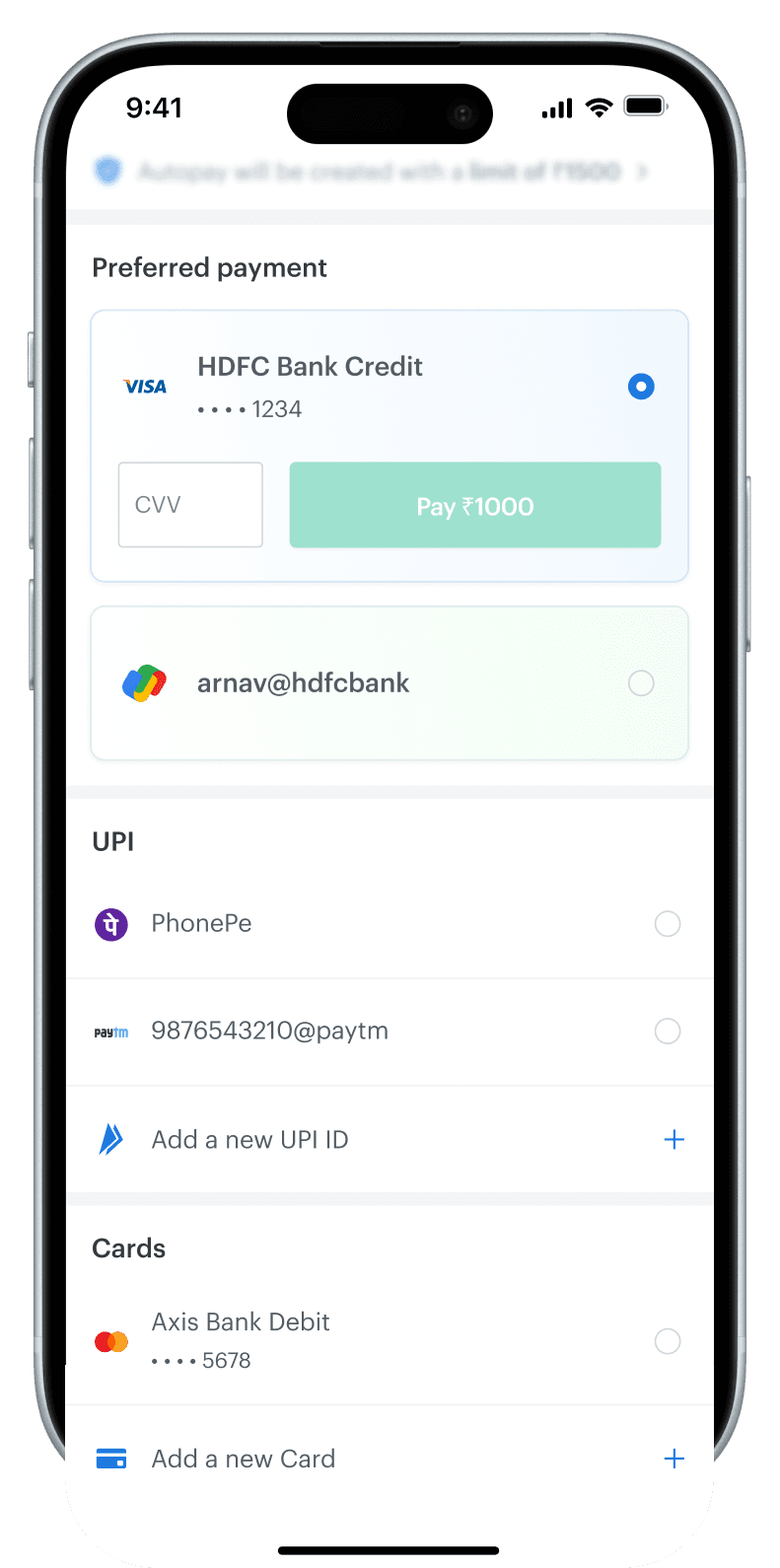 Checkout screen with prioritized saved payment methods